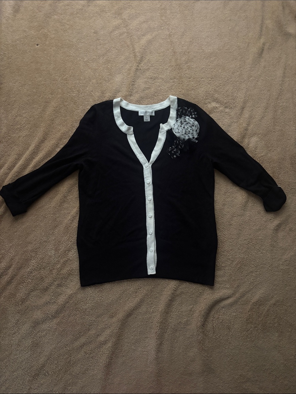 Christopher & Banks Black Cardigan with White Trim and Floral Accent